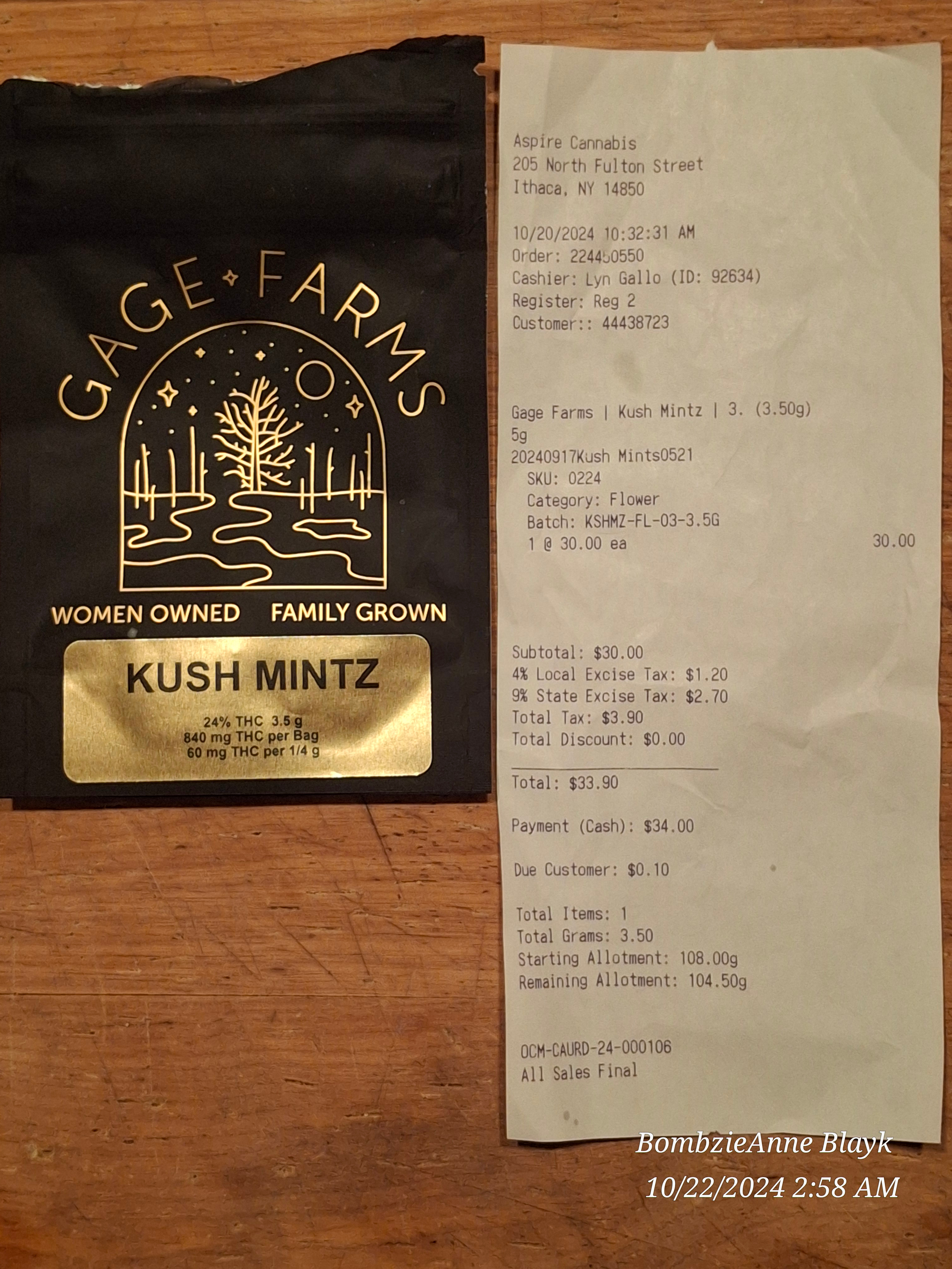 ./2024-10-20 - Aspire MJ - GAGE FARMS - KUSH MINTZ 3.5 gm - $33.90.jpg